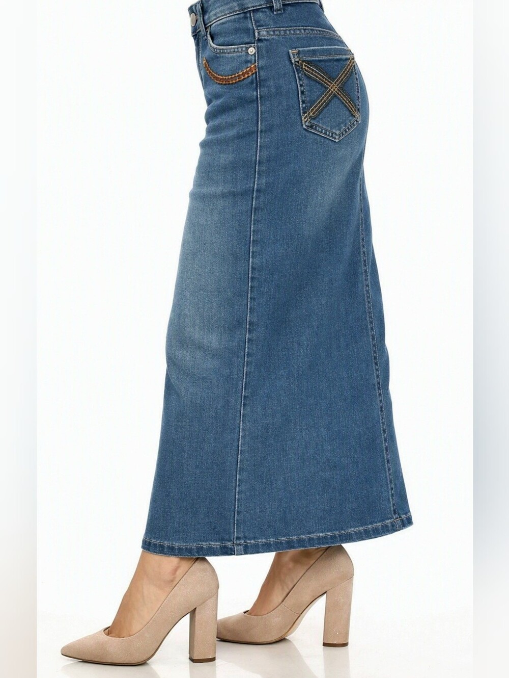 Juicy Couture Faded Blue Denim Maxi Flare Skirt